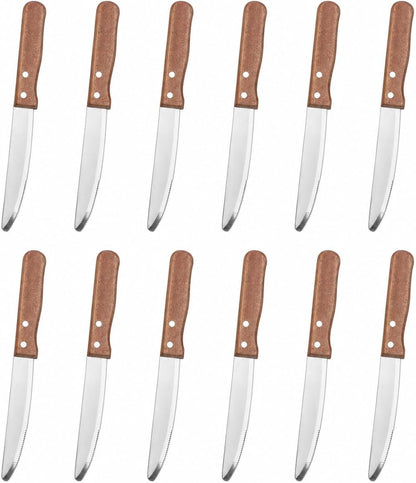 10 Inch Steak Knife Set of 12, Jumbo Serrated Stainless Steel Knives with 5 Inch Rounded Blades and Wood Handles