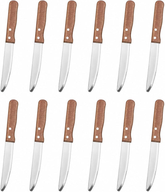 10 Inch Steak Knife Set of 12, Jumbo Serrated Stainless Steel Knives with 5 Inch Rounded Blades and Wood Handles