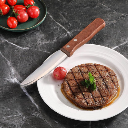 10 Inch Steak Knife Set of 12, Jumbo Serrated Stainless Steel Knives with 5 Inch Rounded Blades and Wood Handles