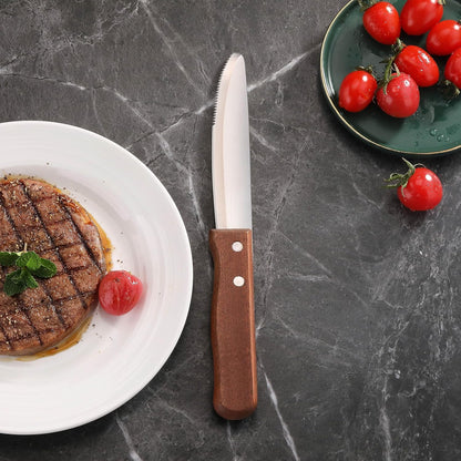 10 Inch Steak Knife Set of 12, Jumbo Serrated Stainless Steel Knives with 5 Inch Rounded Blades and Wood Handles
