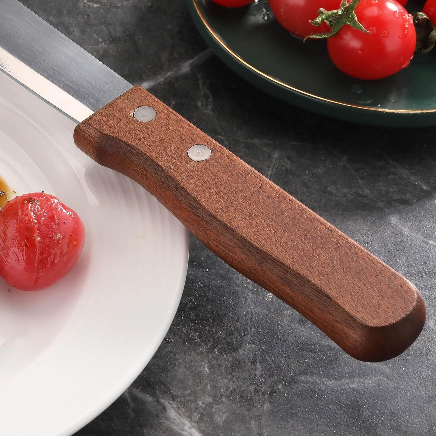 10 Inch Steak Knife Set of 12, Jumbo Serrated Stainless Steel Knives with 5 Inch Rounded Blades and Wood Handles