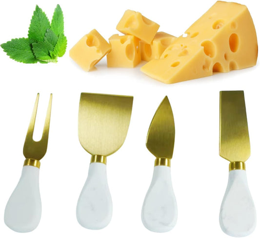 Marble Cheese Knife Set of 4 Gold and White Charcuterie Accessories, Heavy Marble Handle Butter Spatula Sandwich Cream Knives Cheese Spreader Cutter,Housewarming Gift