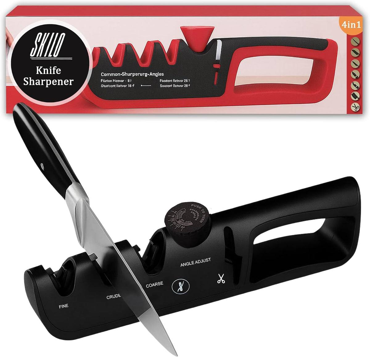 Premium 4 in 1 Knife Sharpener [4 Stage] | Non-Slip Grip, Easy to Hold | Stainless Kitchen Knife Sharpener for Scissors, Coarse, Crude, Fine Sharpness with Adjustable Angle Knob - (Black)
