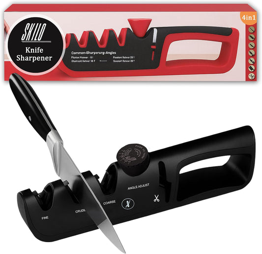Premium 4 in 1 Knife Sharpener [4 Stage] | Non-Slip Grip, Easy to Hold | Stainless Kitchen Knife Sharpener for Scissors, Coarse, Crude, Fine Sharpness with Adjustable Angle Knob - (Black)