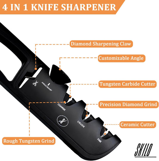 Premium 4 in 1 Knife Sharpener [4 Stage] | Non-Slip Grip, Easy to Hold | Stainless Kitchen Knife Sharpener for Scissors, Coarse, Crude, Fine Sharpness with Adjustable Angle Knob - (Black)