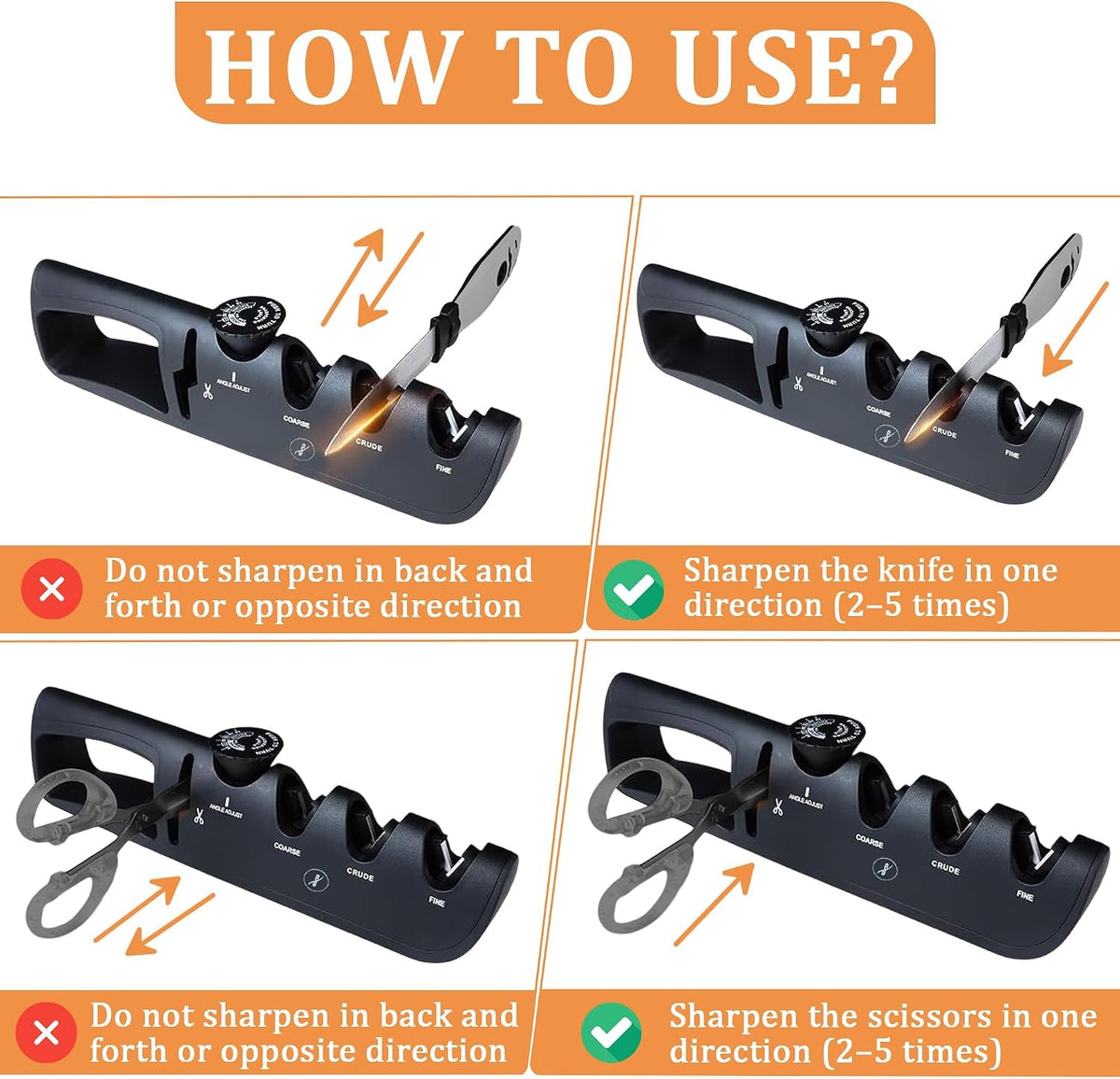 Premium 4 in 1 Knife Sharpener [4 Stage] | Non-Slip Grip, Easy to Hold | Stainless Kitchen Knife Sharpener for Scissors, Coarse, Crude, Fine Sharpness with Adjustable Angle Knob - (Black)