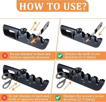 Premium 4 in 1 Knife Sharpener [4 Stage] | Non-Slip Grip, Easy to Hold | Stainless Kitchen Knife Sharpener for Scissors, Coarse, Crude, Fine Sharpness with Adjustable Angle Knob - (Black)