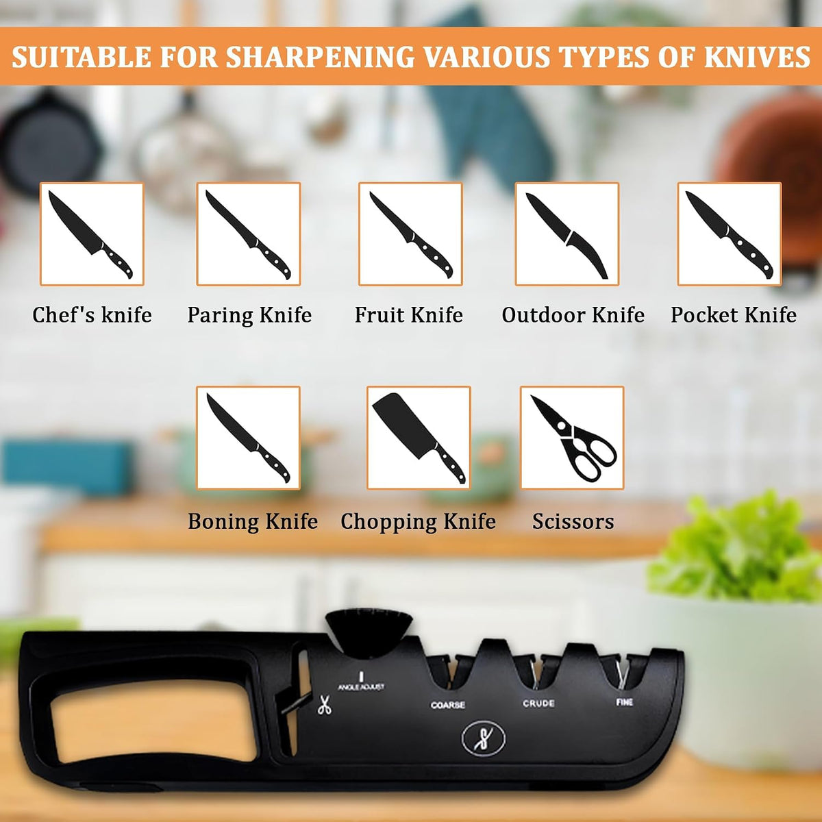 Premium 4 in 1 Knife Sharpener [4 Stage] | Non-Slip Grip, Easy to Hold | Stainless Kitchen Knife Sharpener for Scissors, Coarse, Crude, Fine Sharpness with Adjustable Angle Knob - (Black)