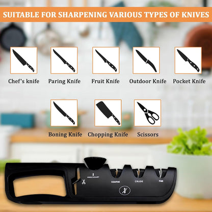 Premium 4 in 1 Knife Sharpener [4 Stage] | Non-Slip Grip, Easy to Hold | Stainless Kitchen Knife Sharpener for Scissors, Coarse, Crude, Fine Sharpness with Adjustable Angle Knob - (Black)