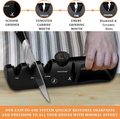 Premium 4 in 1 Knife Sharpener [4 Stage] | Non-Slip Grip, Easy to Hold | Stainless Kitchen Knife Sharpener for Scissors, Coarse, Crude, Fine Sharpness with Adjustable Angle Knob - (Black)