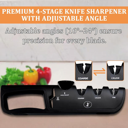 Premium 4 in 1 Knife Sharpener [4 Stage] | Non-Slip Grip, Easy to Hold | Stainless Kitchen Knife Sharpener for Scissors, Coarse, Crude, Fine Sharpness with Adjustable Angle Knob - (Black)
