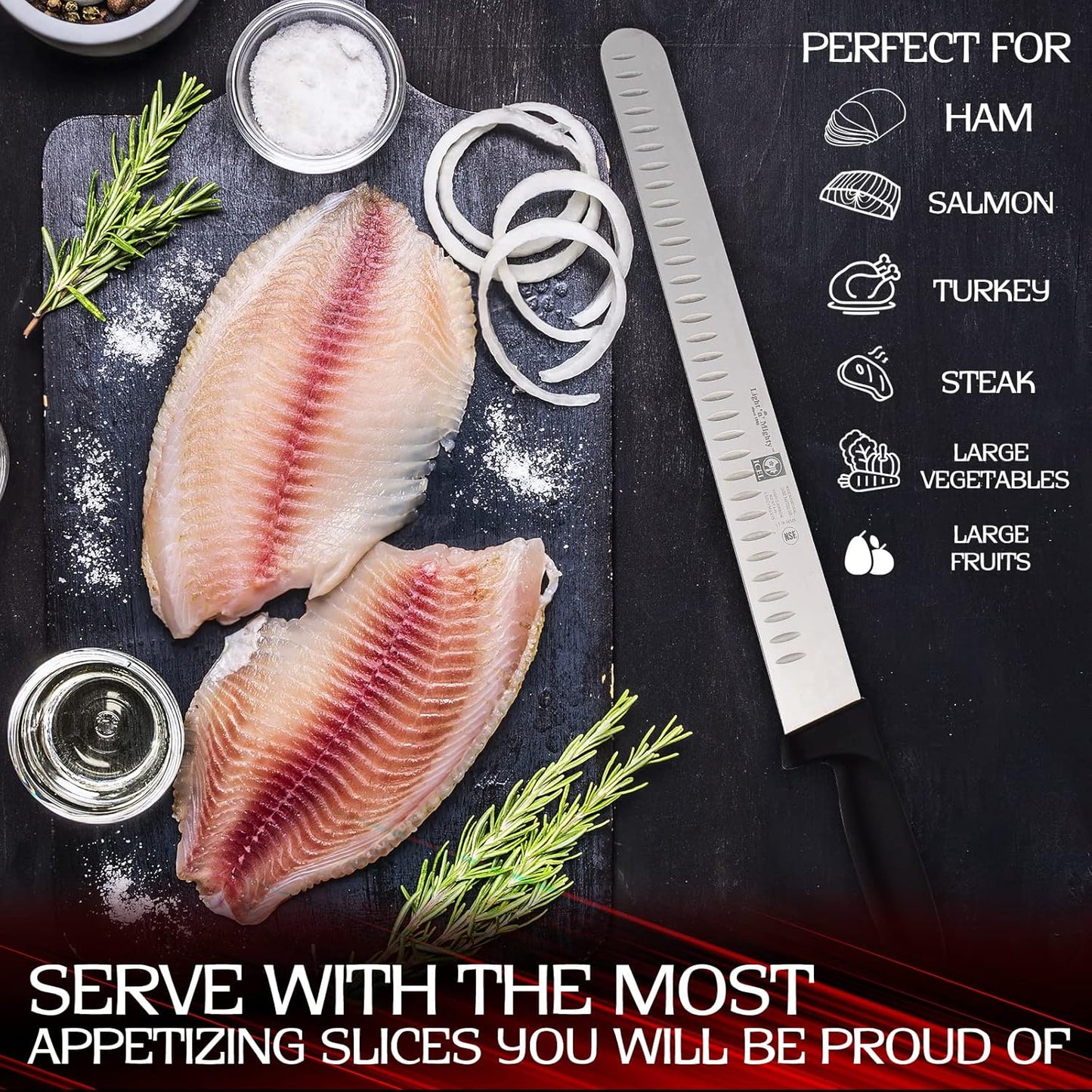 Premium 14-inch Slicing Knife With Granton Edge By High Carbon German Stainless Steel Carving Knife For Meat, Whole Turkey, Brisket, Large Roasts-NSF Certified Ergonomic Ham Slicer