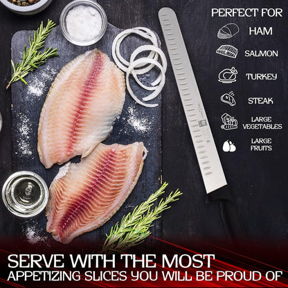 Premium 14-inch Slicing Knife With Granton Edge By High Carbon German Stainless Steel Carving Knife For Meat, Whole Turkey, Brisket, Large Roasts-NSF Certified Ergonomic Ham Slicer