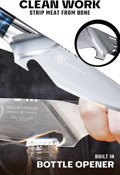 BBQ Piranha Knife 6" — Built-In Bottle Opener & Serrated Spine — 9CR18MOV HC Steel — For Grill-Side Cutting, Scoring & BBQ Service — Celestial Resin Handle, Valhalla, customer support
