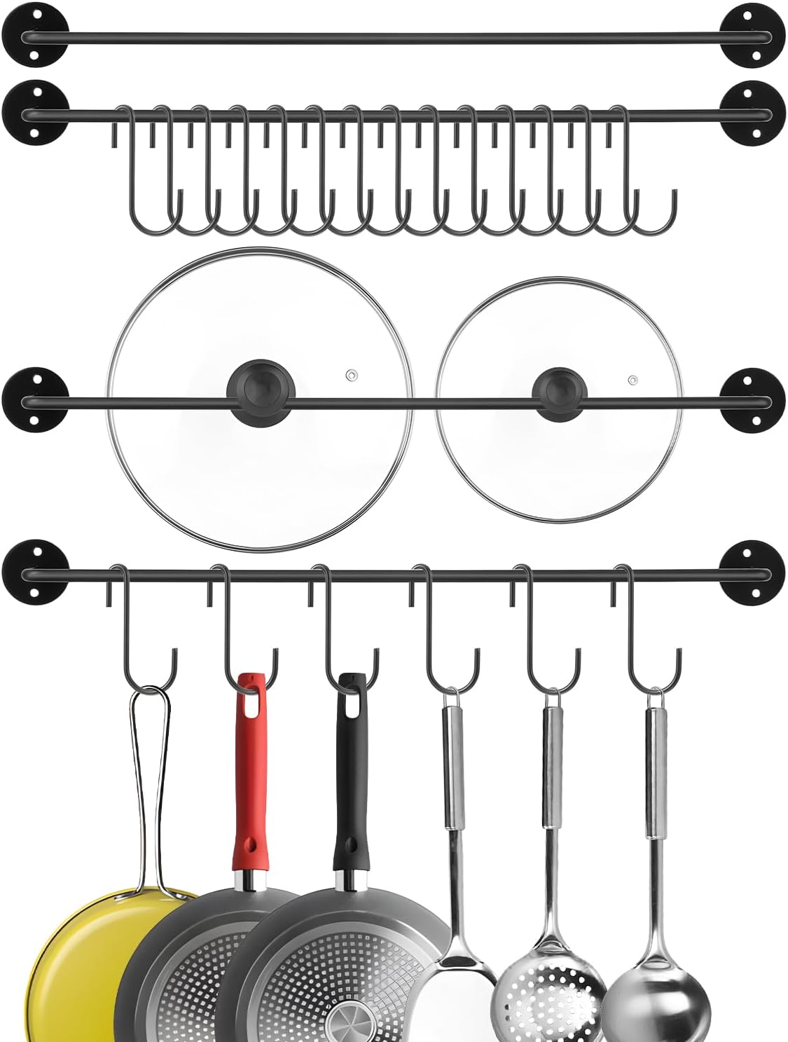 4 Pcs Black Iron Kitchen Utensil Rack Wall Mounted Organizer with 20 Hooks, Heavy Duty Kitchen Rail with Hooks for Pots Pans Lids Storage, Space Saving Wall Hanger Holder for Organization