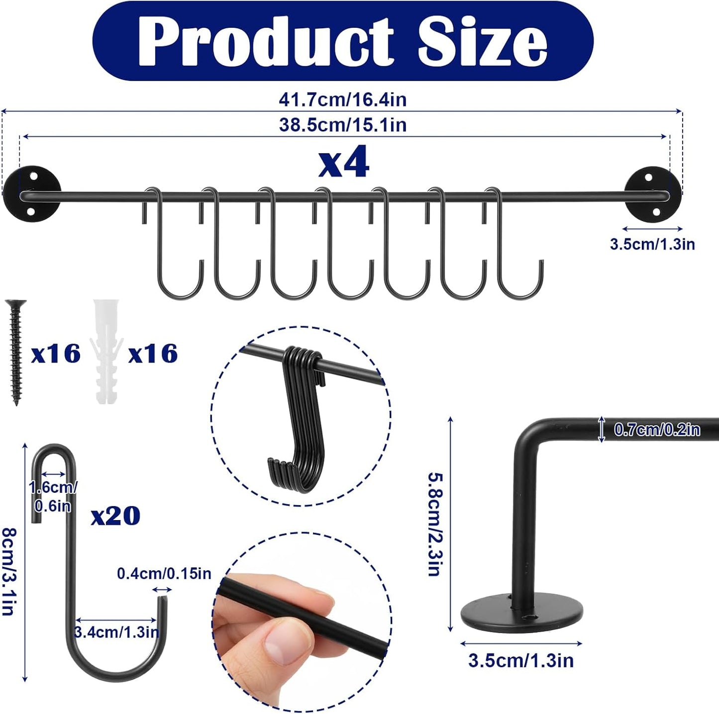 4 Pcs Black Iron Kitchen Utensil Rack Wall Mounted Organizer with 20 Hooks, Heavy Duty Kitchen Rail with Hooks for Pots Pans Lids Storage, Space Saving Wall Hanger Holder for Organization