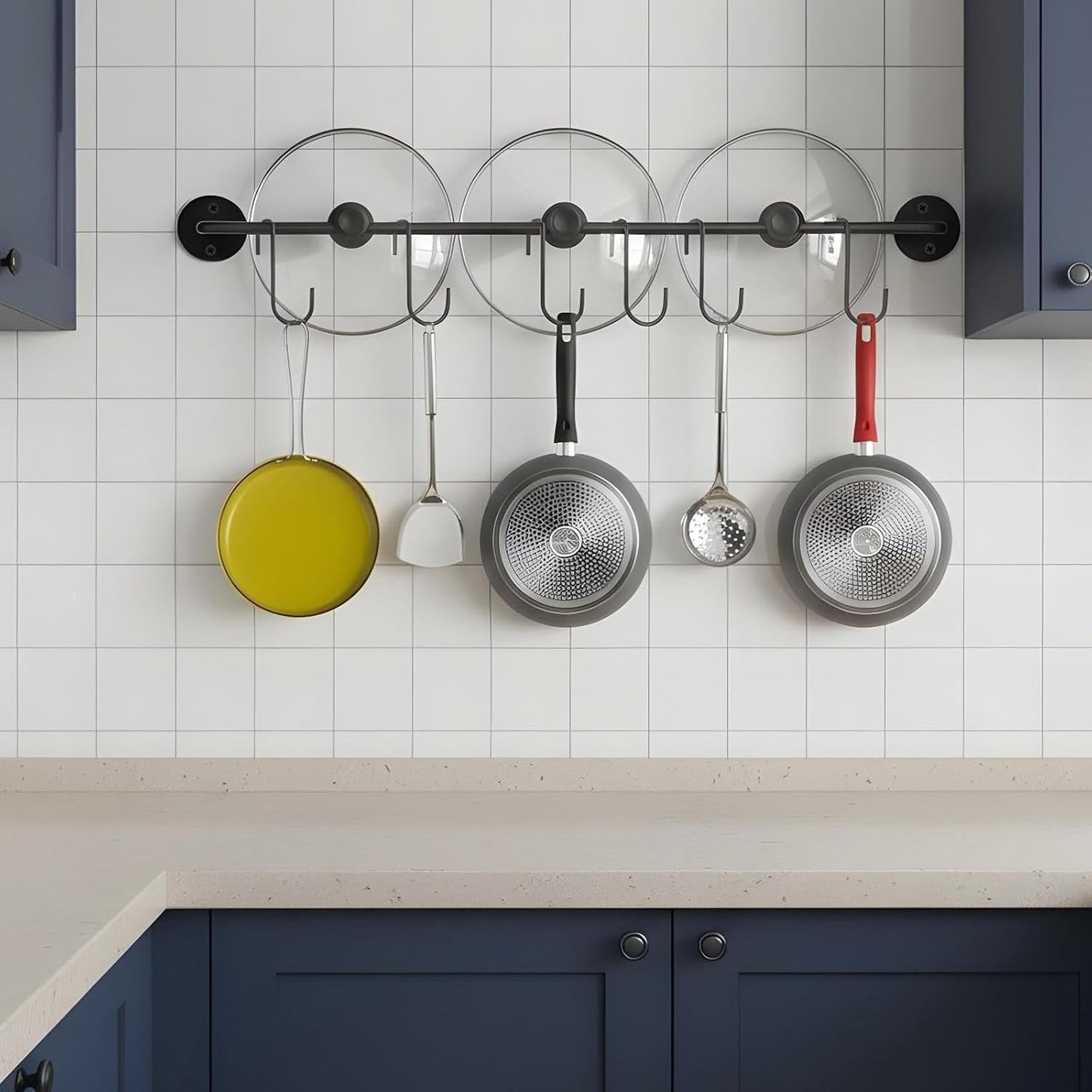 4 Pcs Black Iron Kitchen Utensil Rack Wall Mounted Organizer with 20 Hooks, Heavy Duty Kitchen Rail with Hooks for Pots Pans Lids Storage, Space Saving Wall Hanger Holder for Organization