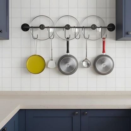4 Pcs Black Iron Kitchen Utensil Rack Wall Mounted Organizer with 20 Hooks, Heavy Duty Kitchen Rail with Hooks for Pots Pans Lids Storage, Space Saving Wall Hanger Holder for Organization