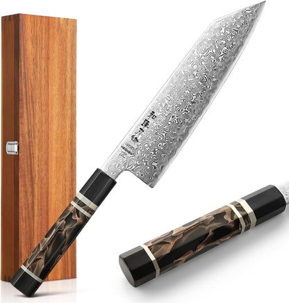 Kiritsuke Knife, 8.5 Inches, 49 Layers Damascus ZDP-189 Steel Japanese Chef Knife, Ultra Sharp Blade, Lightweight Handle, Acacia Wood Box Packing