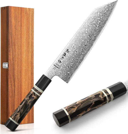 Kiritsuke Knife, 8.5 Inches, 49 Layers Damascus ZDP-189 Steel Japanese Chef Knife, Ultra Sharp Blade, Lightweight Handle, Acacia Wood Box Packing