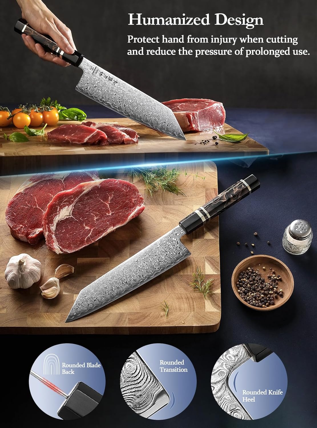 Kiritsuke Knife, 8.5 Inches, 49 Layers Damascus ZDP-189 Steel Japanese Chef Knife, Ultra Sharp Blade, Lightweight Handle, Acacia Wood Box Packing