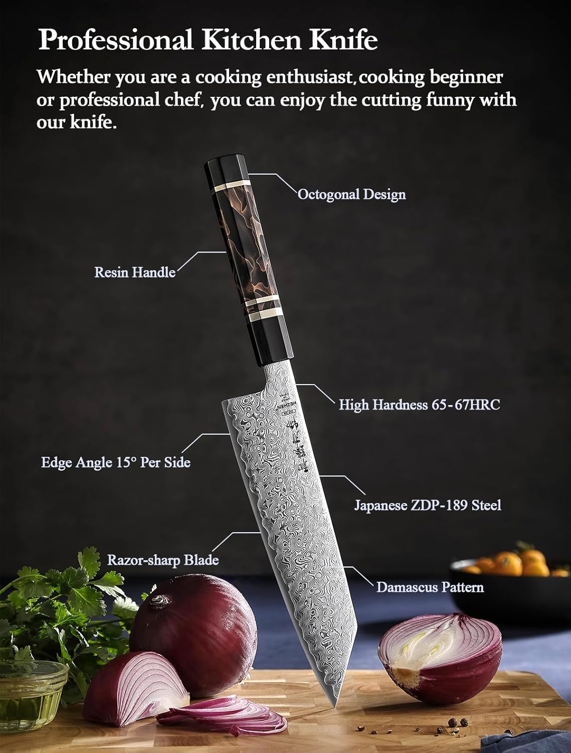 Kiritsuke Knife, 8.5 Inches, 49 Layers Damascus ZDP-189 Steel Japanese Chef Knife, Ultra Sharp Blade, Lightweight Handle, Acacia Wood Box Packing
