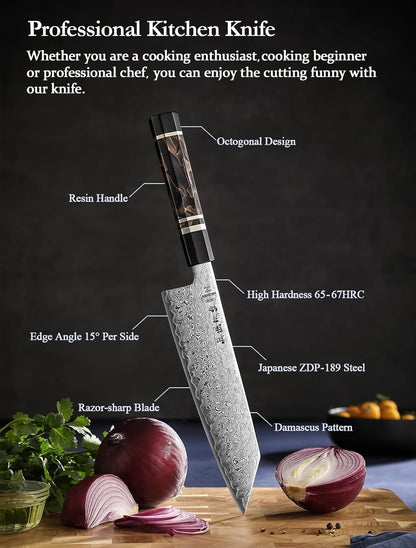 Kiritsuke Knife, 8.5 Inches, 49 Layers Damascus ZDP-189 Steel Japanese Chef Knife, Ultra Sharp Blade, Lightweight Handle, Acacia Wood Box Packing
