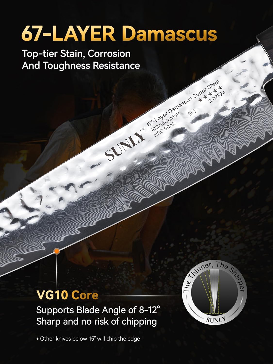 SUNLY Japanese Chef Knife, 8 Inch Damascus Kitchen Knife with VG10 Core, 67 Layer Steel, Hand Hammered Finish, Octagonal Handle for Better Control for Meat, Fruits, Vegetables, Gift for Father