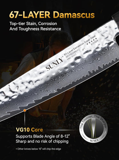 SUNLY Japanese Chef Knife, 8 Inch Damascus Kitchen Knife with VG10 Core, 67 Layer Steel, Hand Hammered Finish, Octagonal Handle for Better Control for Meat, Fruits, Vegetables, Gift for Father
