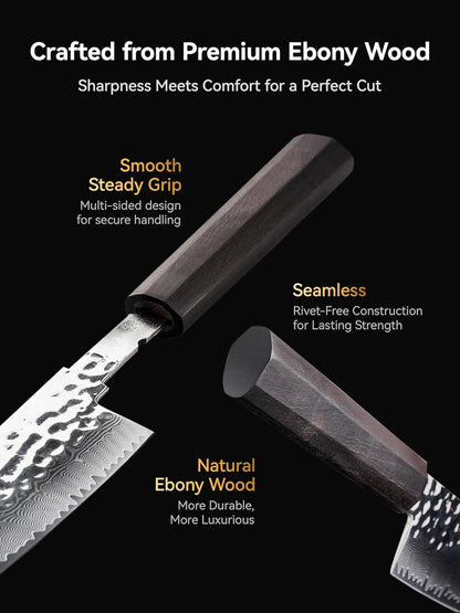 SUNLY Japanese Chef Knife, 8 Inch Damascus Kitchen Knife with VG10 Core, 67 Layer Steel, Hand Hammered Finish, Octagonal Handle for Better Control for Meat, Fruits, Vegetables, Gift for Father