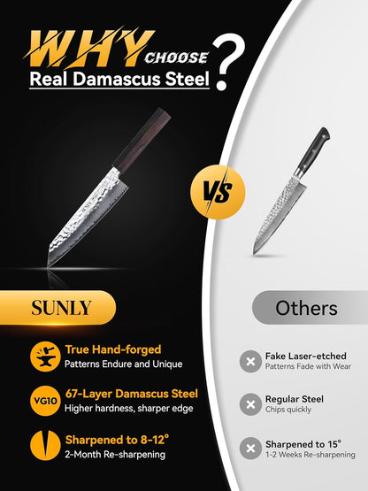 SUNLY Japanese Chef Knife, 8 Inch Damascus Kitchen Knife with VG10 Core, 67 Layer Steel, Hand Hammered Finish, Octagonal Handle for Better Control for Meat, Fruits, Vegetables, Gift for Father