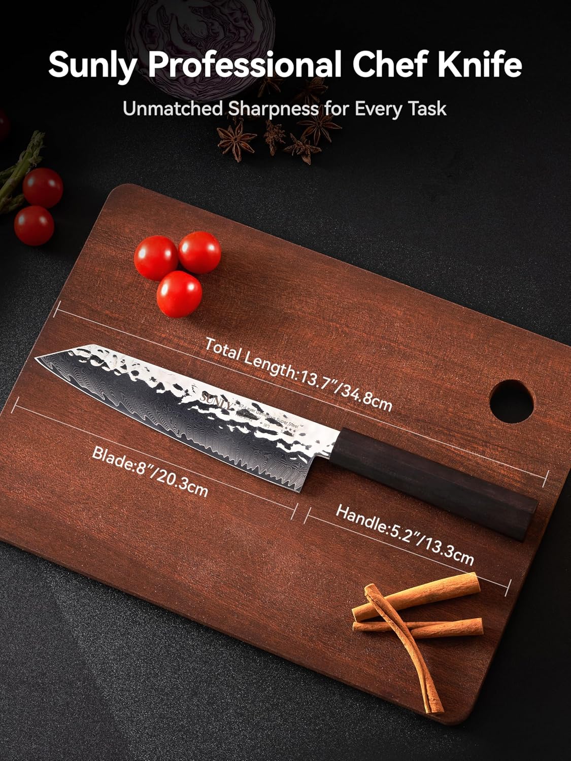 SUNLY Japanese Chef Knife, 8 Inch Damascus Kitchen Knife with VG10 Core, 67 Layer Steel, Hand Hammered Finish, Octagonal Handle for Better Control for Meat, Fruits, Vegetables, Gift for Father