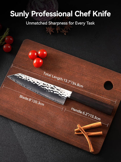 SUNLY Japanese Chef Knife, 8 Inch Damascus Kitchen Knife with VG10 Core, 67 Layer Steel, Hand Hammered Finish, Octagonal Handle for Better Control for Meat, Fruits, Vegetables, Gift for Father