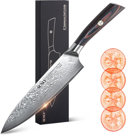SUNLY Japanese Chef Knife, 8 Inch Damascus Kitchen Knife with VG10 Core, 67 Layer Steel, Hand Hammered Finish, Octagonal Handle for Better Control for Meat, Fruits, Vegetables, Gift for Father