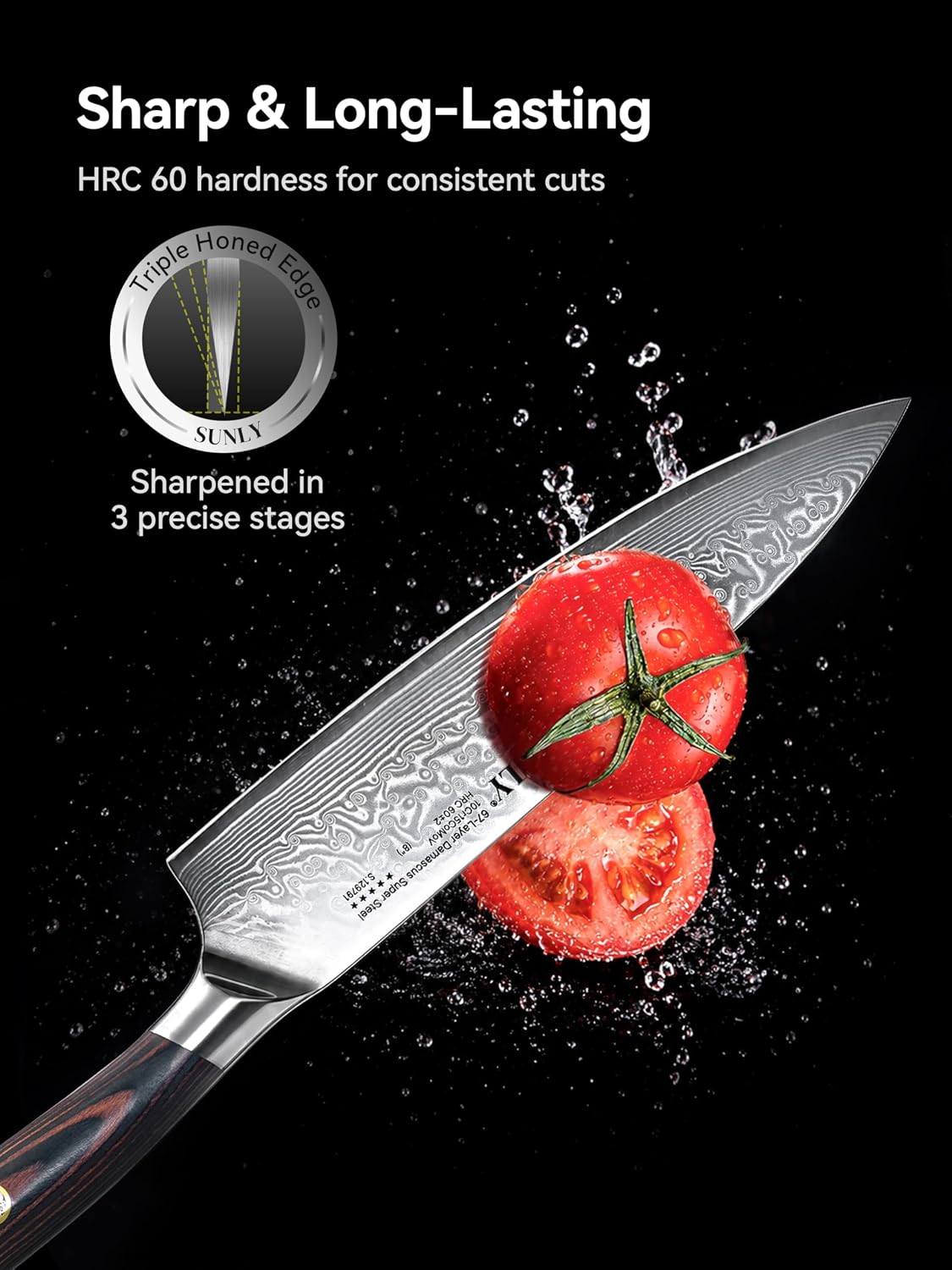 SUNLY Japanese Chef Knife, 8 Inch Damascus Kitchen Knife with VG10 Core, 67 Layer Steel, Hand Hammered Finish, Octagonal Handle for Better Control for Meat, Fruits, Vegetables, Gift for Father