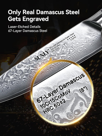 SUNLY Japanese Chef Knife, 8 Inch Damascus Kitchen Knife with VG10 Core, 67 Layer Steel, Hand Hammered Finish, Octagonal Handle for Better Control for Meat, Fruits, Vegetables, Gift for Father
