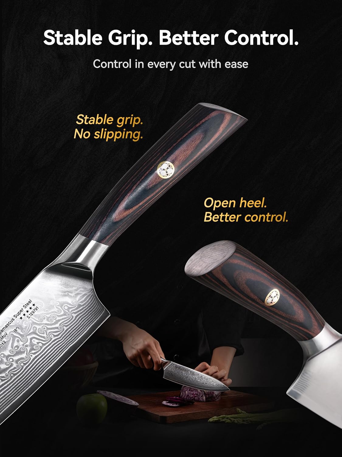 SUNLY Japanese Chef Knife, 8 Inch Damascus Kitchen Knife with VG10 Core, 67 Layer Steel, Hand Hammered Finish, Octagonal Handle for Better Control for Meat, Fruits, Vegetables, Gift for Father