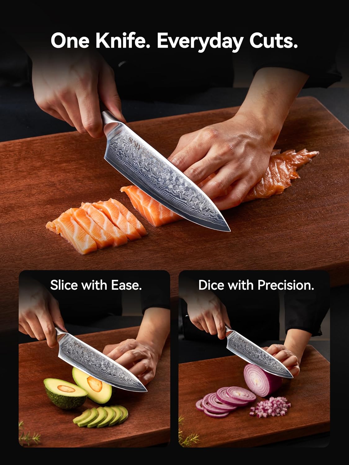 SUNLY Japanese Chef Knife, 8 Inch Damascus Kitchen Knife with VG10 Core, 67 Layer Steel, Hand Hammered Finish, Octagonal Handle for Better Control for Meat, Fruits, Vegetables, Gift for Father