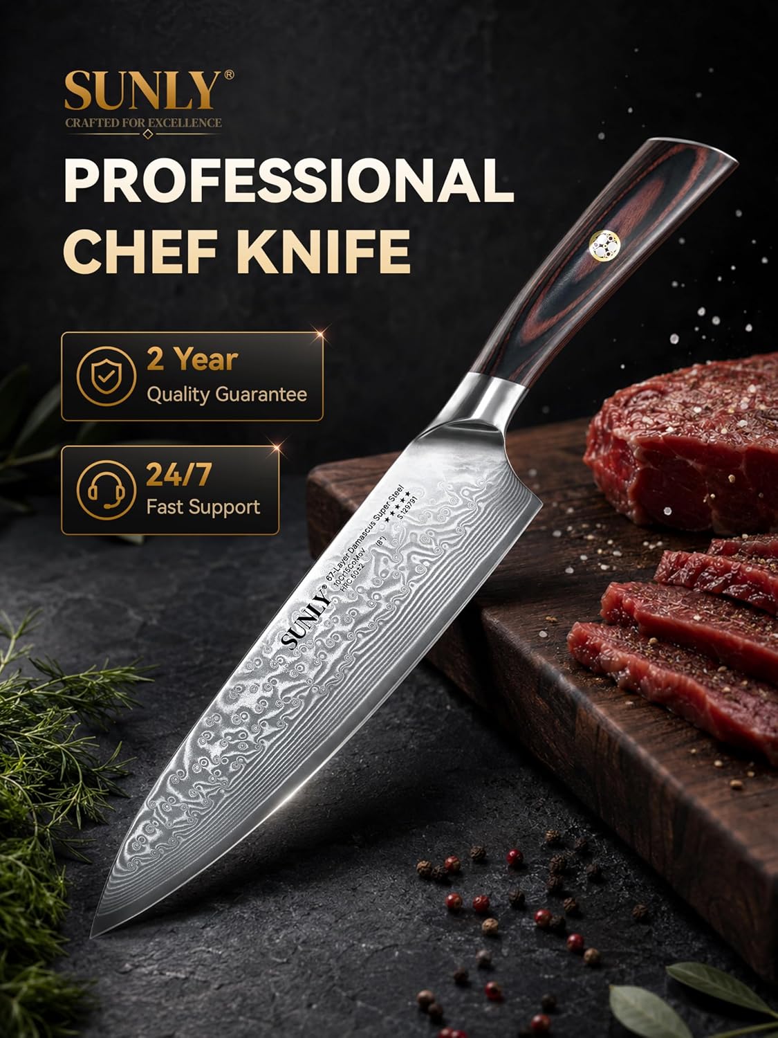 SUNLY Japanese Chef Knife, 8 Inch Damascus Kitchen Knife with VG10 Core, 67 Layer Steel, Hand Hammered Finish, Octagonal Handle for Better Control for Meat, Fruits, Vegetables, Gift for Father