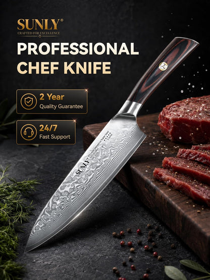 SUNLY Japanese Chef Knife, 8 Inch Damascus Kitchen Knife with VG10 Core, 67 Layer Steel, Hand Hammered Finish, Octagonal Handle for Better Control for Meat, Fruits, Vegetables, Gift for Father