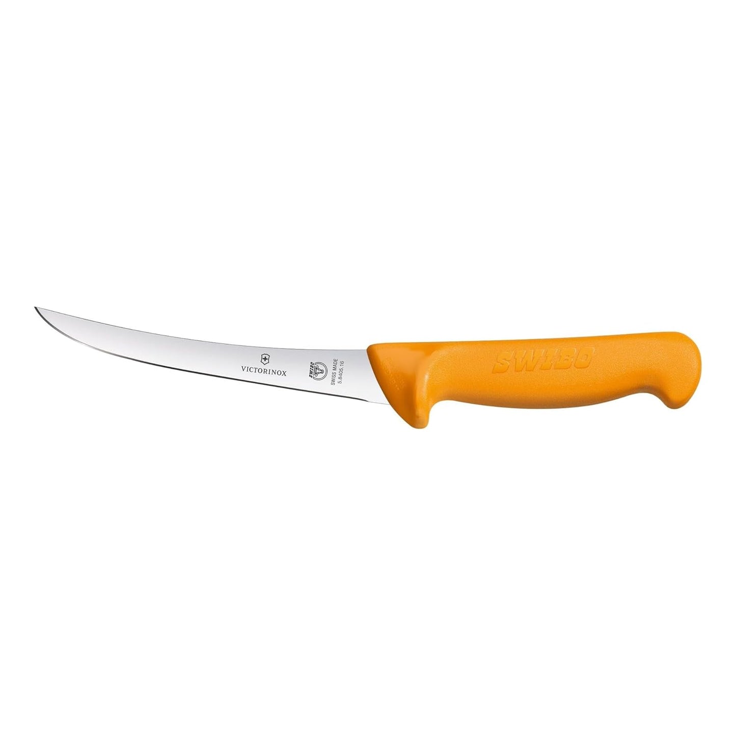 Swibo 6" Boning Knife, Narrow Curved Blade, Orange | Professional butcher tool with ergonomic non-slip handle, dishwasher safe up to 120°C, and high-visibility signal color.