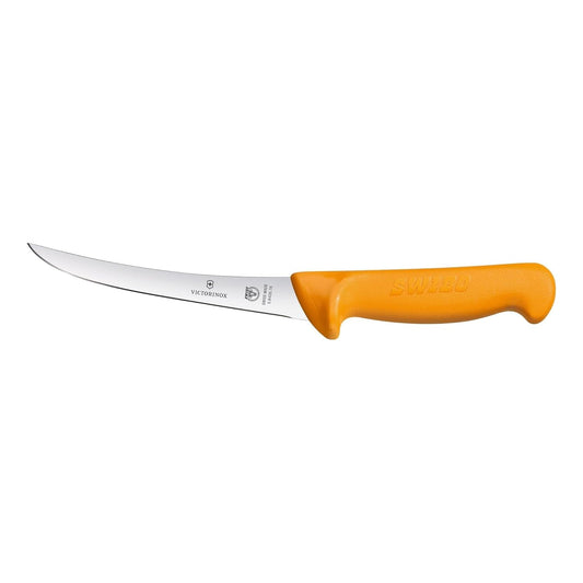 Swibo 6" Boning Knife, Narrow Curved Blade, Orange | Professional butcher tool with ergonomic non-slip handle, dishwasher safe up to 120°C, and high-visibility signal color.