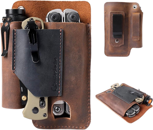 Leather Multitool Sheath - Leather Multi Tool Holster for Belt - Multitool Holder - Multitool Pouch for Leatherman Tool, Flashlight, Pen, Belt Clip EDC Belt Organizer Darkbrown