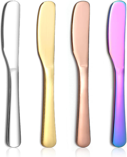 Butter Knife Spreader 4 Pcs, Stainless Steel Butter Knives With Titanium Gold, Colorful, Rose Gold, Restaurant-Grade, Smooth Rounded Edge for Butter, Cream Cheese, Appetizers, Jam & Spreads