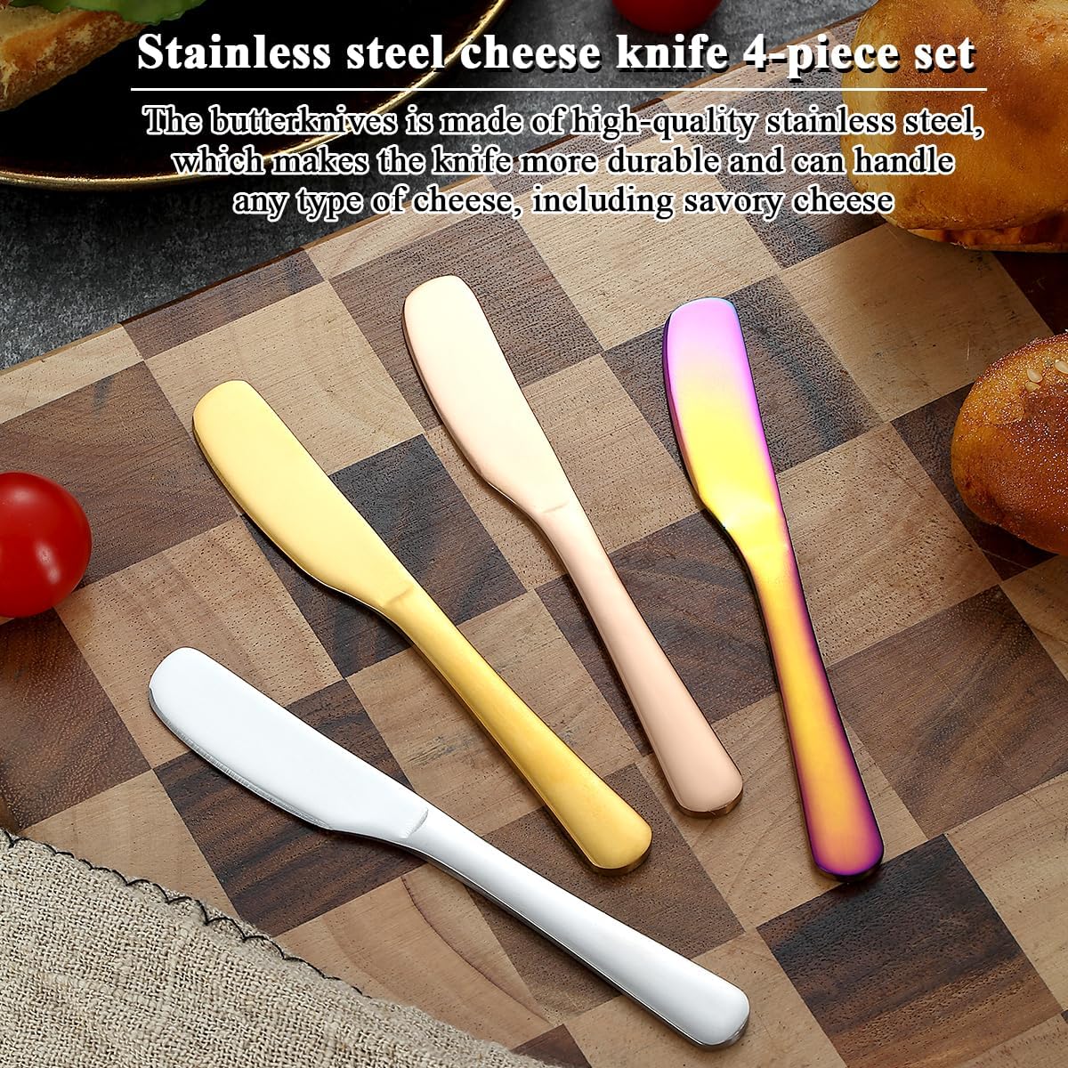 Butter Knife Spreader 4 Pcs, Stainless Steel Butter Knives With Titanium Gold, Colorful, Rose Gold, Restaurant-Grade, Smooth Rounded Edge for Butter, Cream Cheese, Appetizers, Jam & Spreads