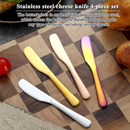 Butter Knife Spreader 4 Pcs, Stainless Steel Butter Knives With Titanium Gold, Colorful, Rose Gold, Restaurant-Grade, Smooth Rounded Edge for Butter, Cream Cheese, Appetizers, Jam & Spreads