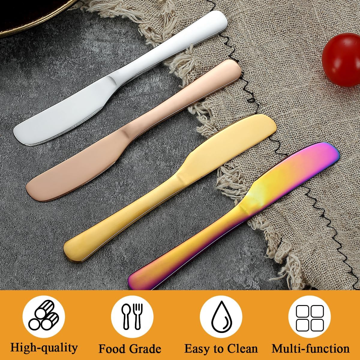 Butter Knife Spreader 4 Pcs, Stainless Steel Butter Knives With Titanium Gold, Colorful, Rose Gold, Restaurant-Grade, Smooth Rounded Edge for Butter, Cream Cheese, Appetizers, Jam & Spreads