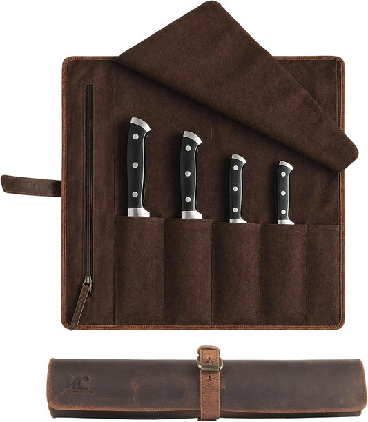 Leather Knife Roll Bag for Chefs – 17.5” x 17.5” Professional Chef Knife Storage Organizer, Portable Culinary Knife Case, Travel Knife Roll for Kitchen, BBQ & Catering