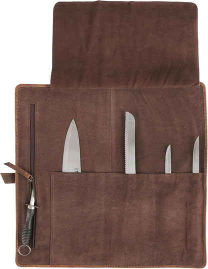 Leather Knife Roll Bag for Chefs – 17.5” x 17.5” Professional Chef Knife Storage Organizer, Portable Culinary Knife Case, Travel Knife Roll for Kitchen, BBQ & Catering