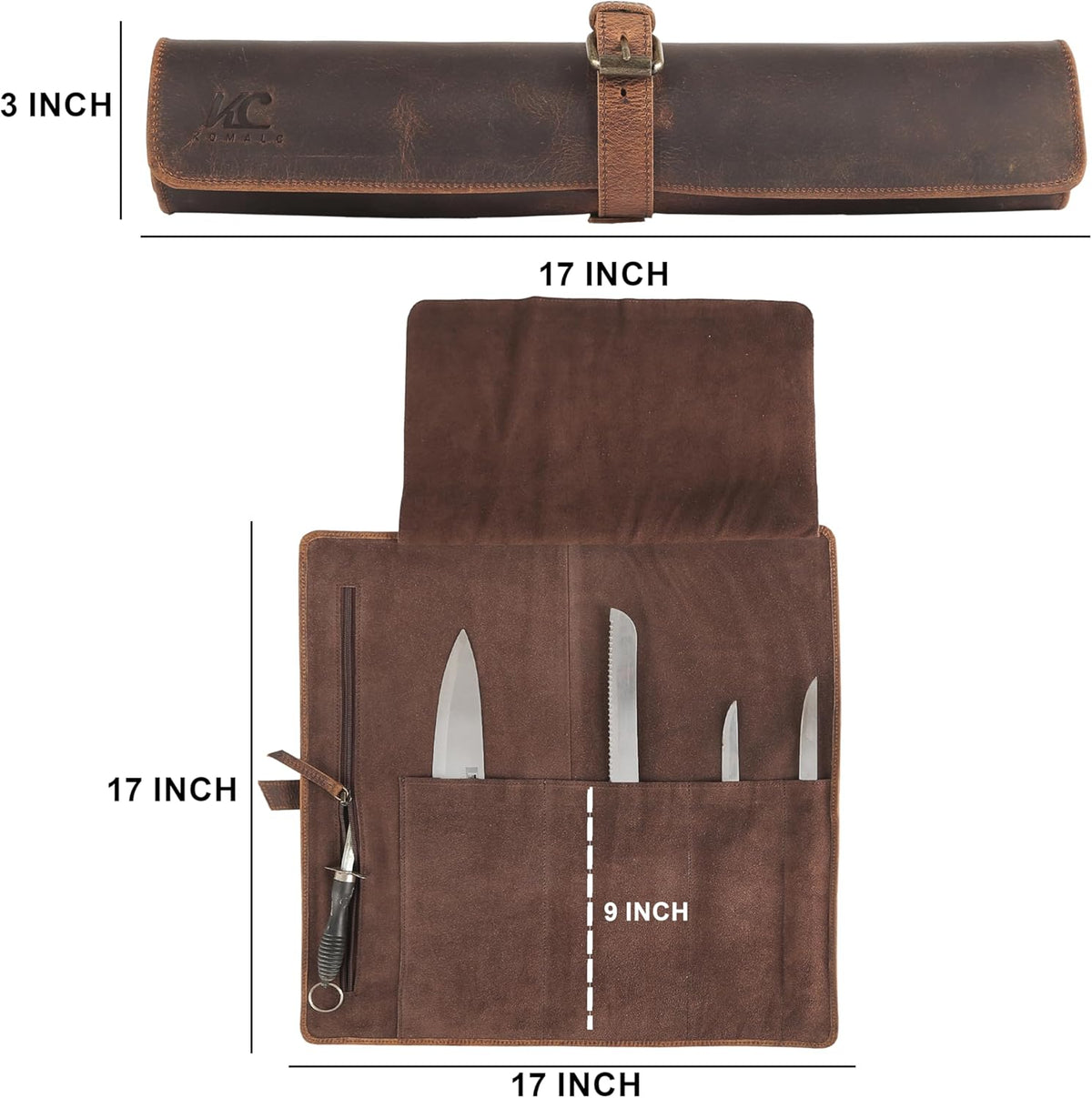 Leather Knife Roll Bag for Chefs – 17.5” x 17.5” Professional Chef Knife Storage Organizer, Portable Culinary Knife Case, Travel Knife Roll for Kitchen, BBQ & Catering